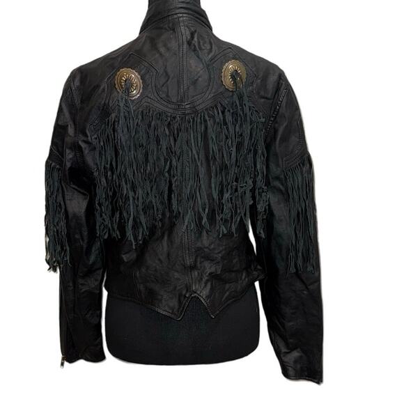Vintage 70s Pioneer Wear Black Leather Fringe Western Jacket Size 12/ MEDIUM - Picture 7 of 16
